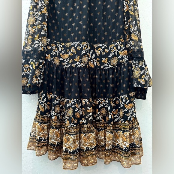 MICHAEL KORS | Bohemian Black & Gold Metallic Floral Long Sleeve Dress | Small - Picture 5 of 8